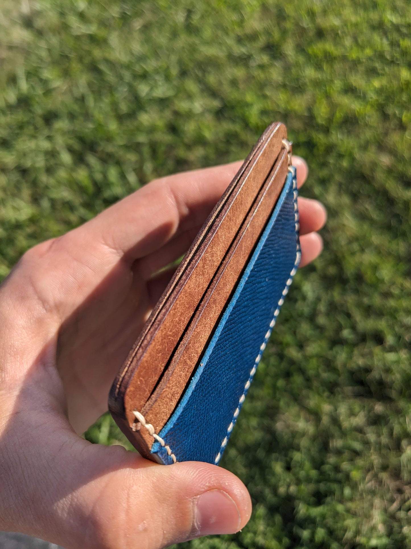 Ernest Card Sleeve - Walnut & Hatched Blue w/ Peach