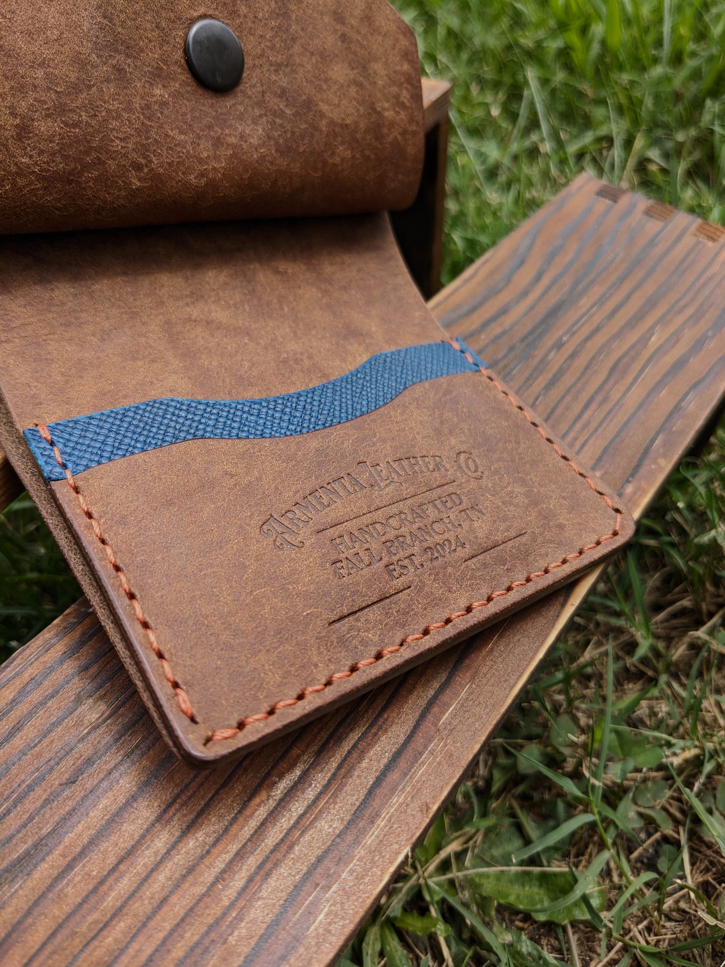 McKinley Trifold V2 - Walnut & Blue Hatched w/ Copper