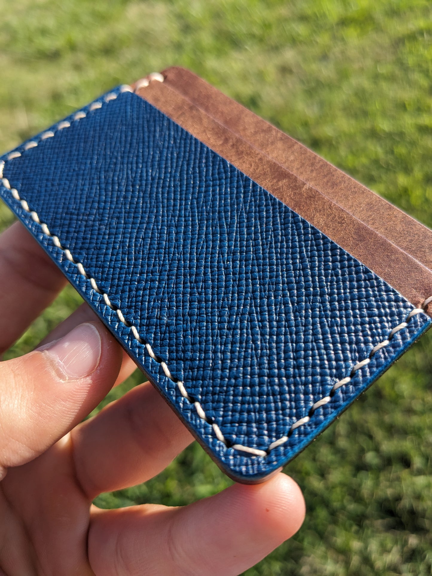 Ernest Card Sleeve - Walnut & Hatched Blue w/ Peach