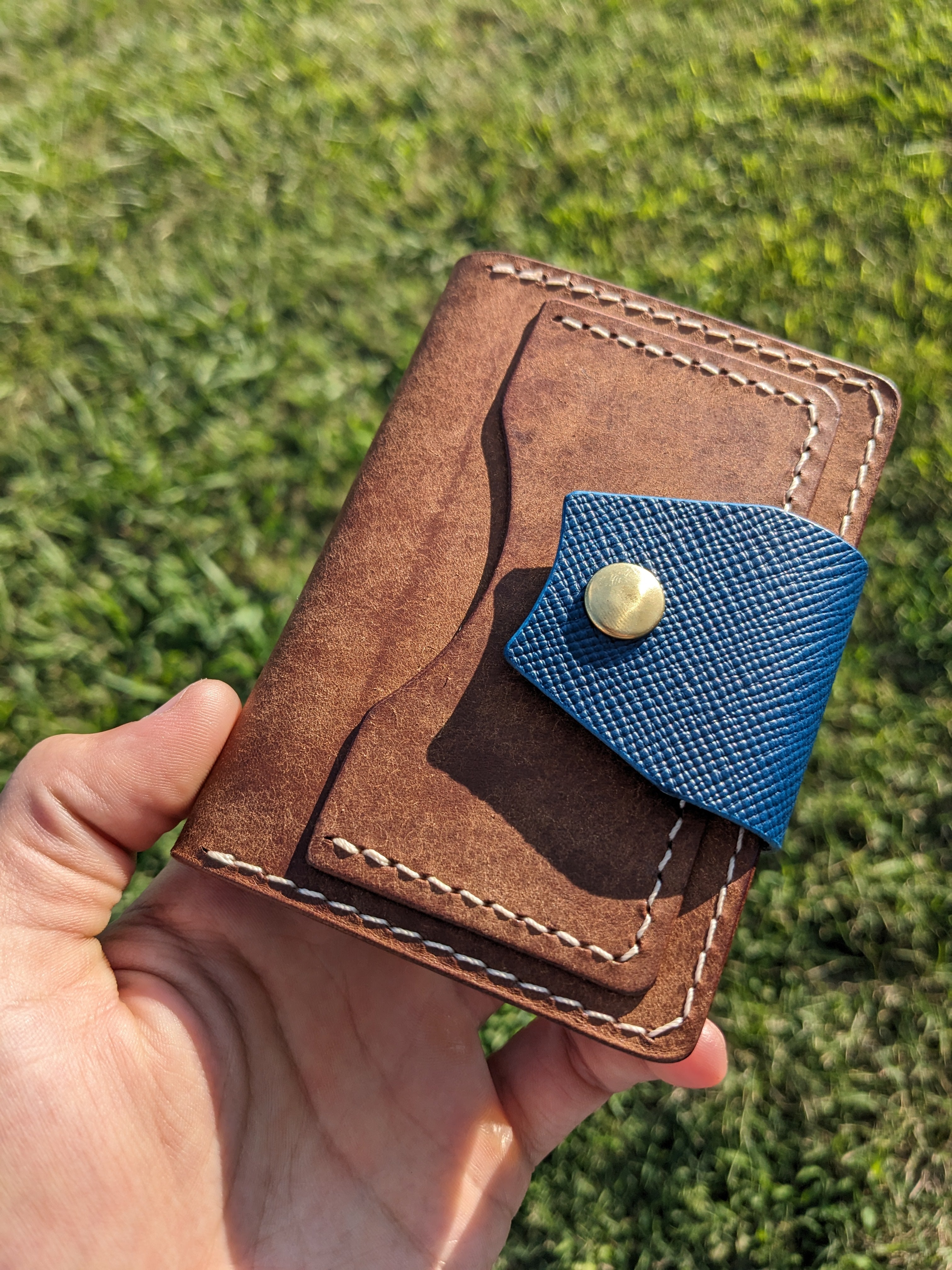 Porter Snap Wallet - Walnut & Hatched Blue w/ Peach