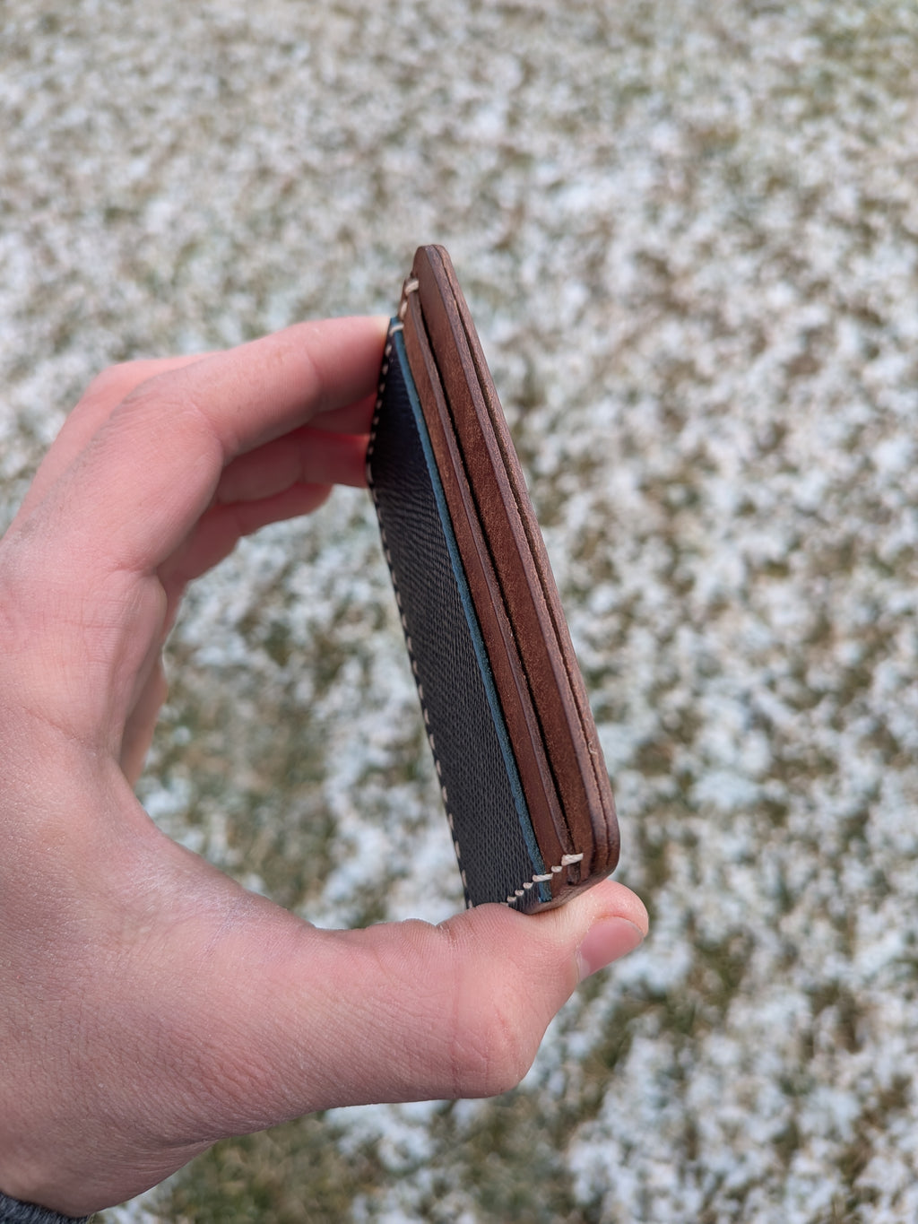 Erwin Card Sleeve - Walnut & Hatched Blue w/ Peach