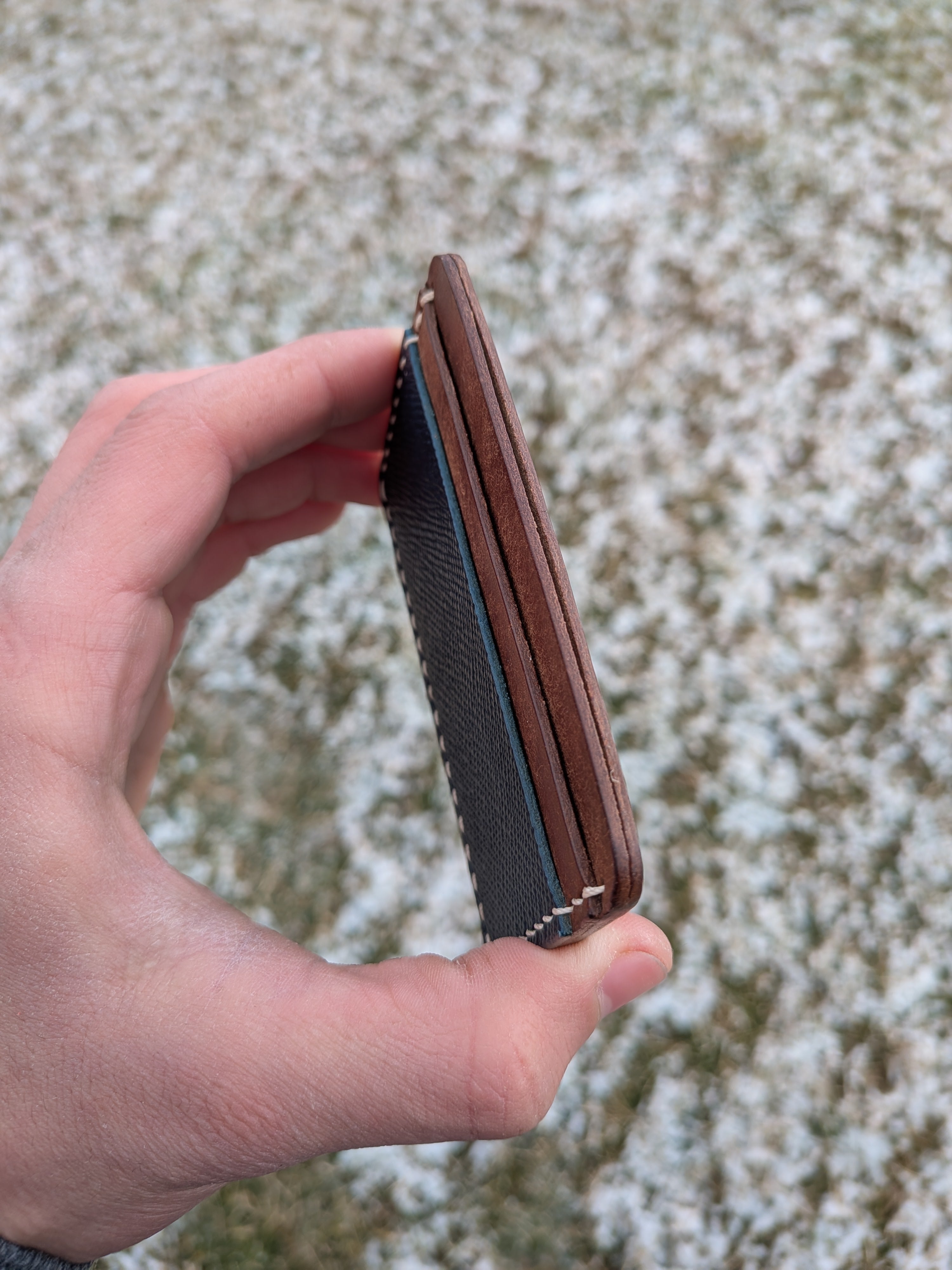 Erwin Card Sleeve - Walnut & Hatched Blue w/ Peach