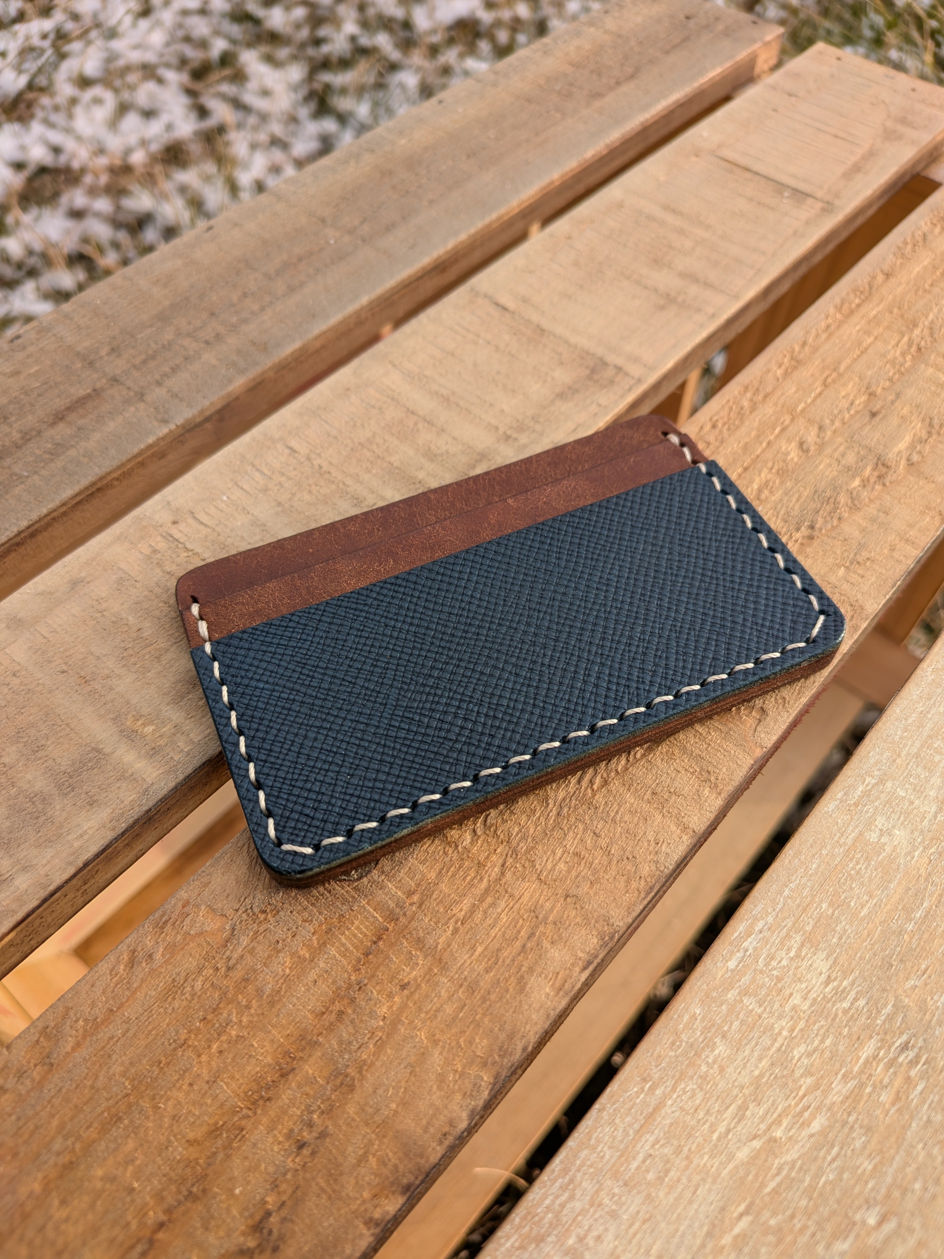 Erwin Card Sleeve - Walnut & Hatched Blue w/ Peach