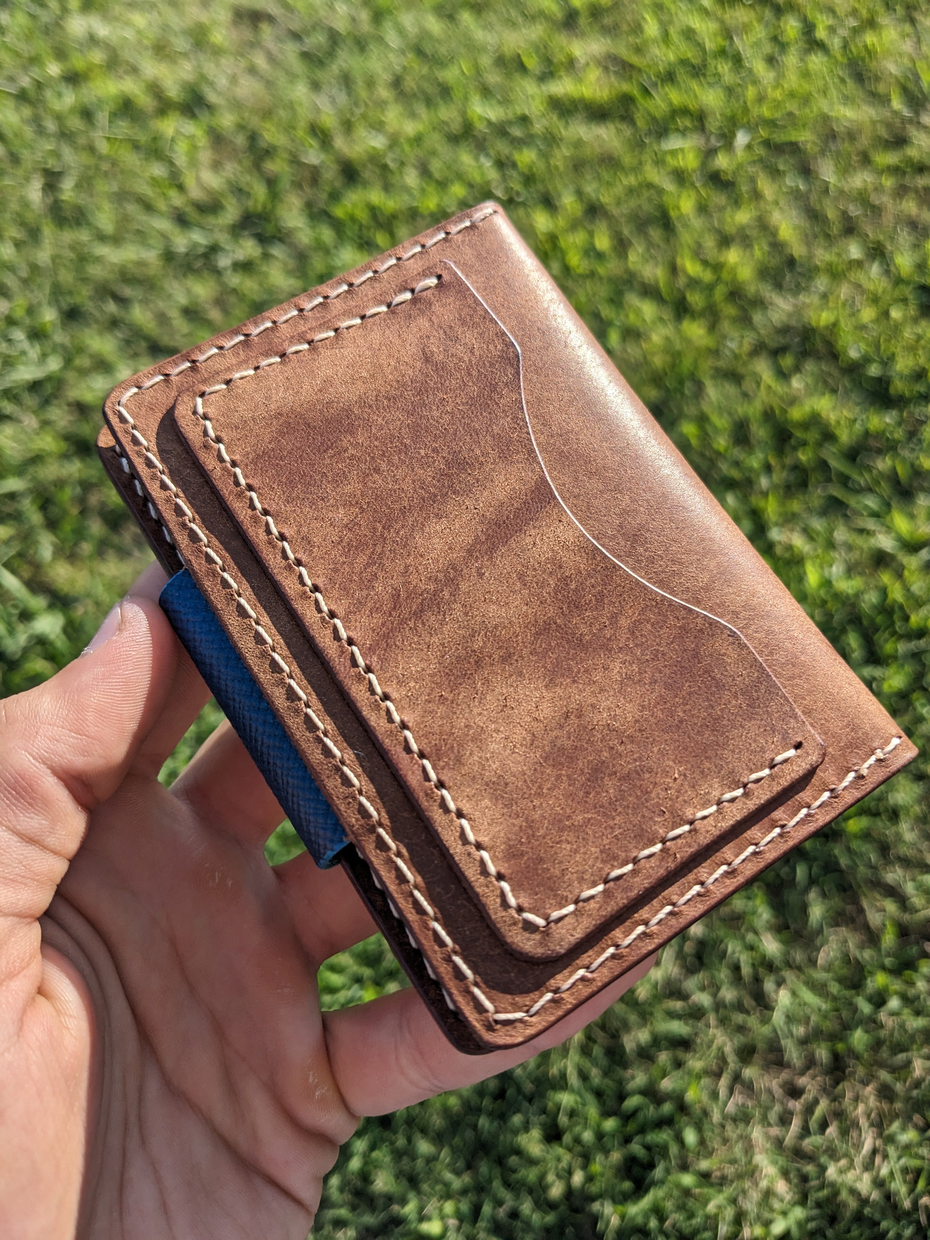 Porter Snap Wallet - Walnut & Hatched Blue w/ Peach