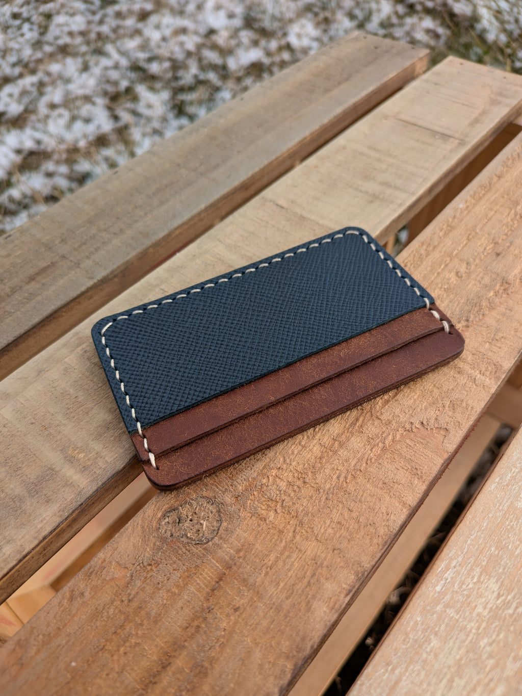 Erwin Card Sleeve - Walnut & Hatched Blue w/ Peach