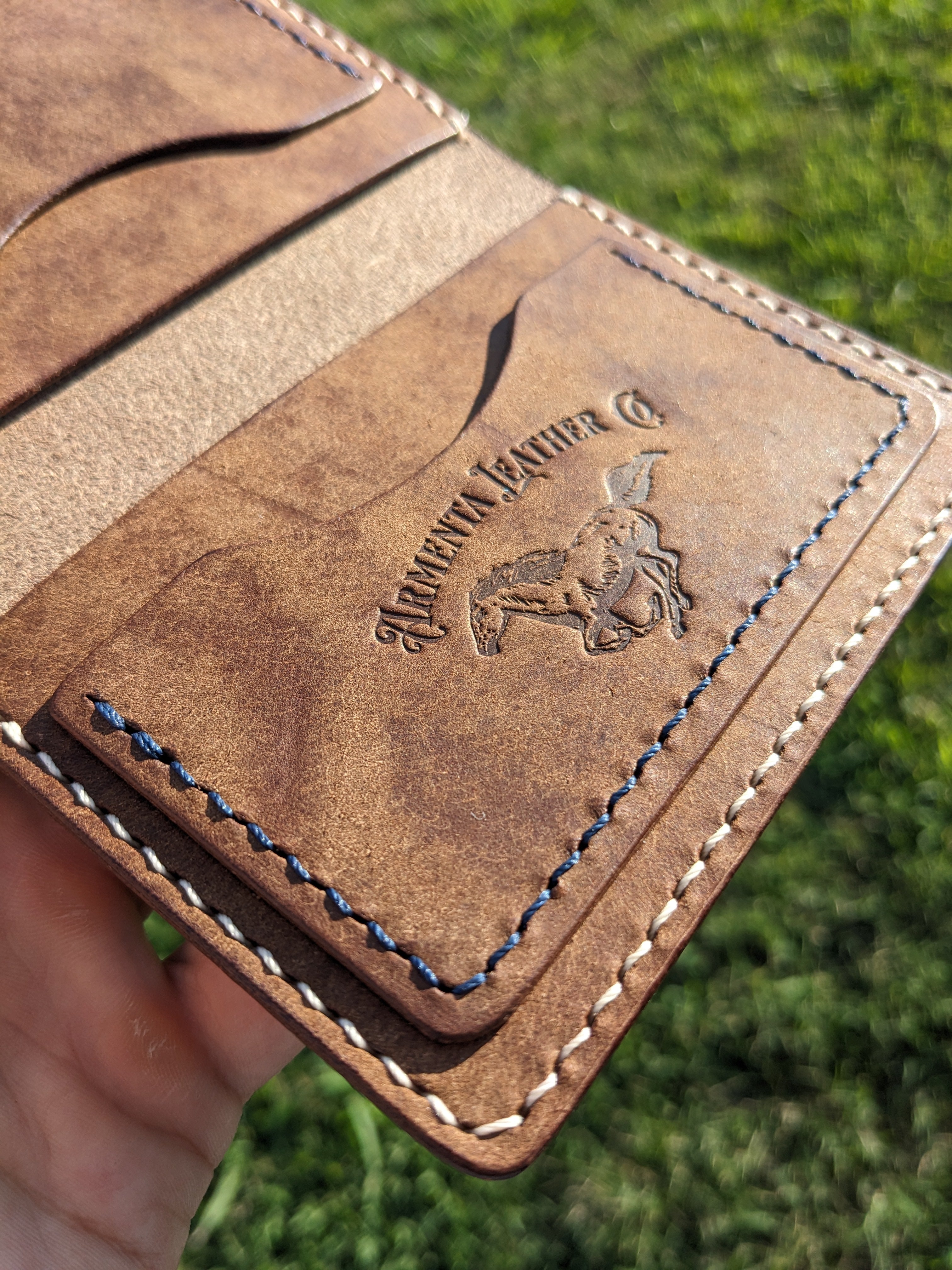 Porter Snap Wallet - Walnut & Hatched Blue w/ Peach