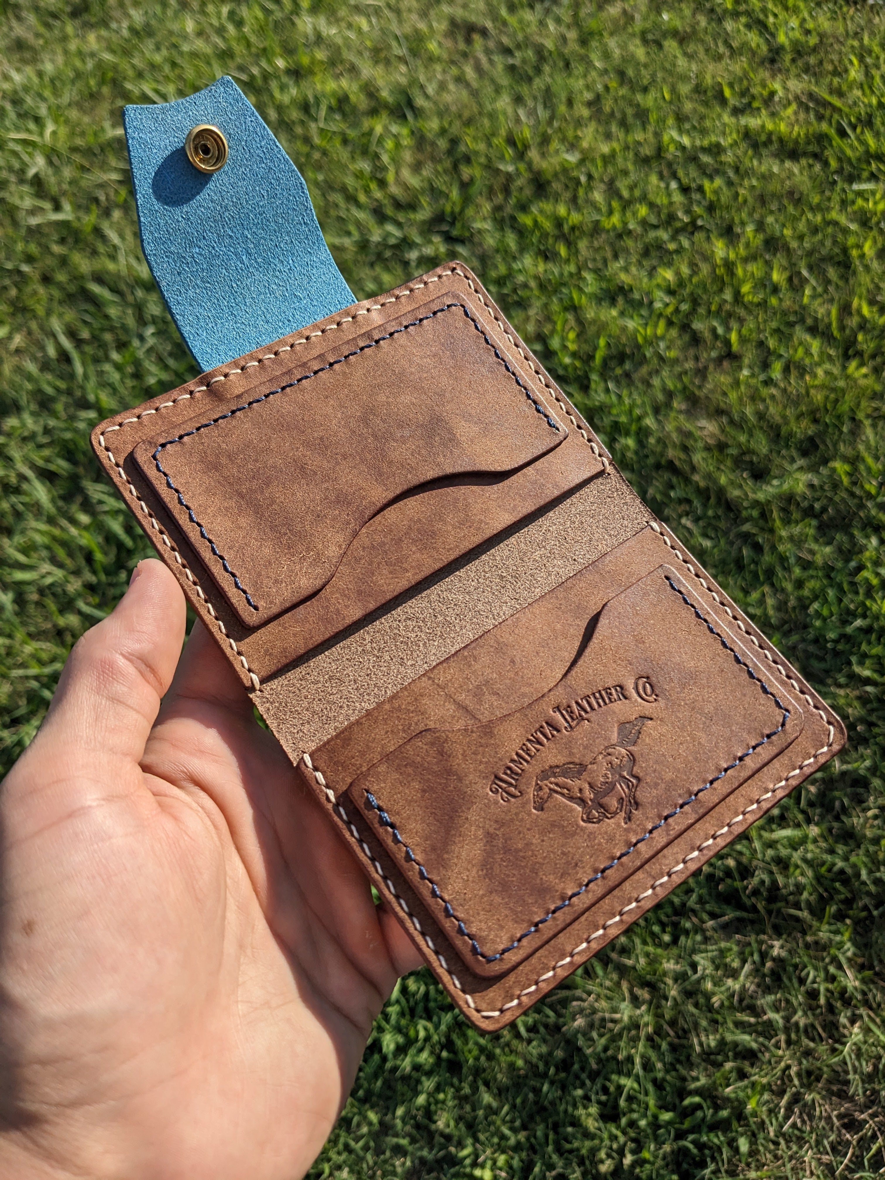 Porter Snap Wallet - Walnut & Hatched Blue w/ Peach