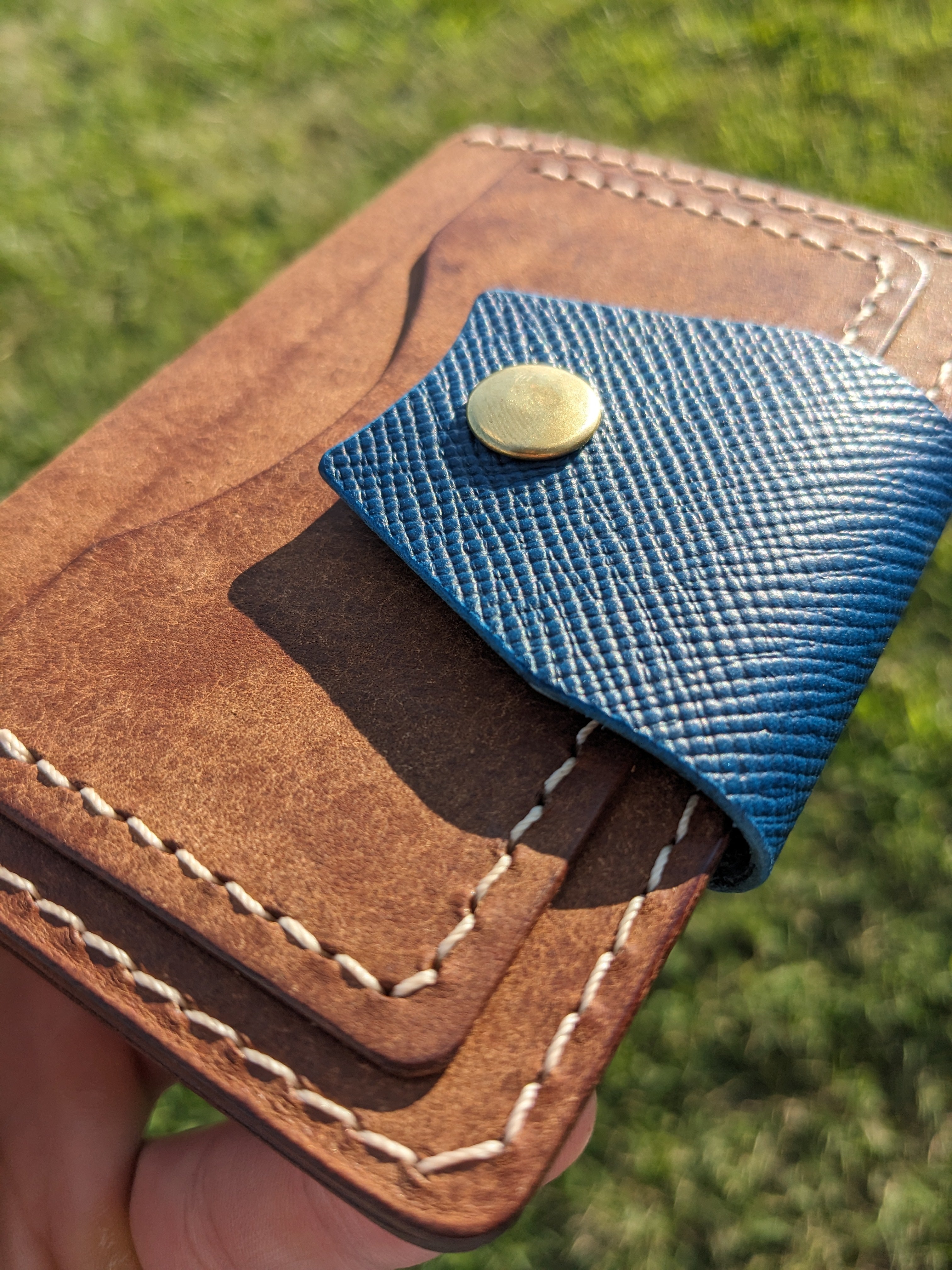 Porter Snap Wallet - Walnut & Hatched Blue w/ Peach